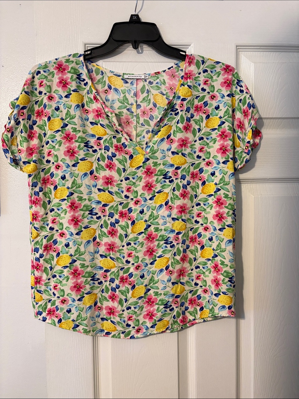 Staccato Floral & Lemon V-Neck Short Sleeve Top - White with Pink, Yellow, Blue